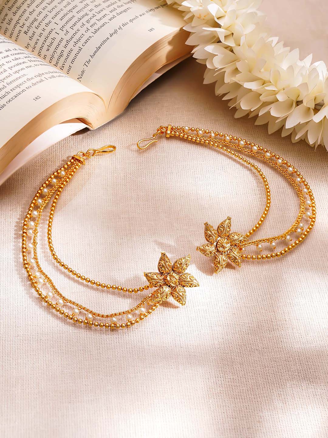【Rubans】 Gold Plated Pearl Beaded Star Motif Layered Kaan Chain Earrings｜ゴールドメッキ パールビーズ スターモチーフ レイヤード カーンチェーン イヤリング
