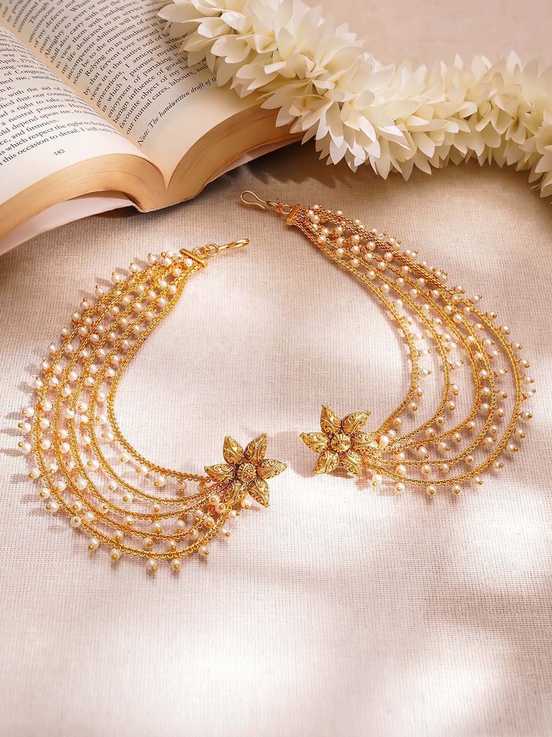 【Rubans】 Gold Plated Pearl Beaded Star Motif Multi Layered Kaan Chain Earrings｜ゴールドメッキ パールビーズ スターモチーフ マルチレイヤー カーンチェーン イヤリング