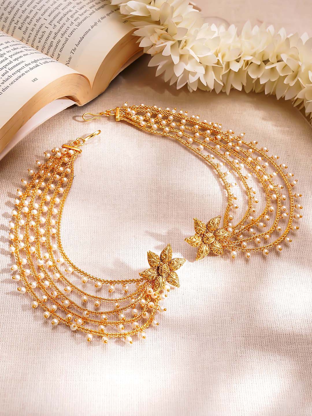 【Rubans】 Gold Plated Pearl Beaded Star Motif Multi Layered Kaan Chain Earrings｜ゴールドメッキ パールビーズ スターモチーフ マルチレイヤー カーンチェーン イヤリング