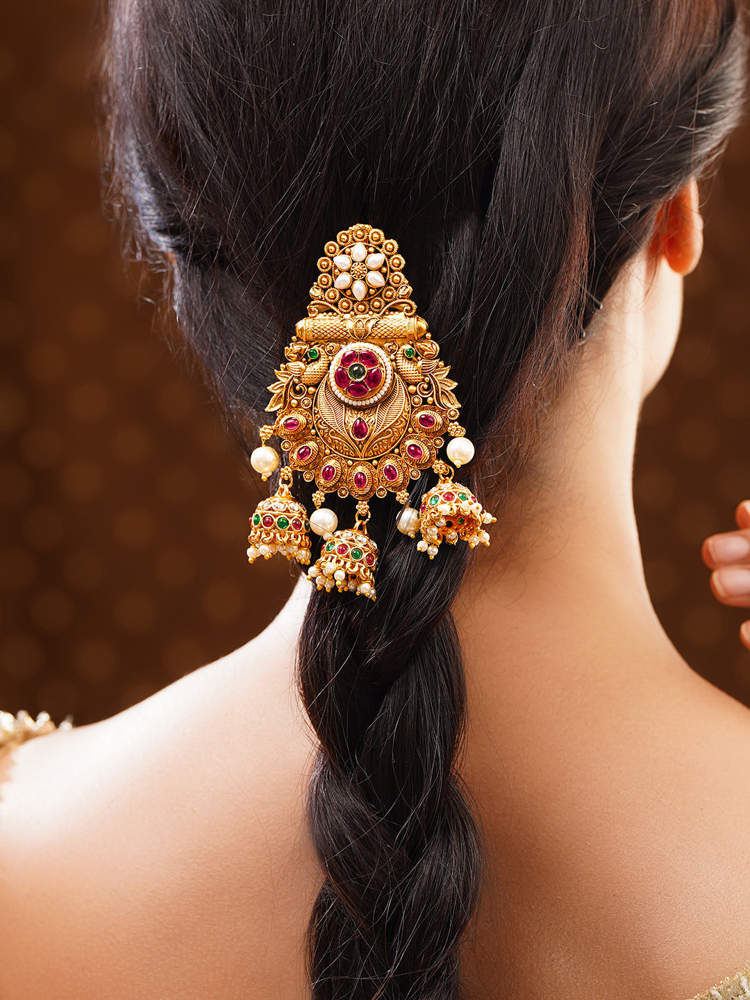 【Rubans】 Gold Plated Bridal Kundan Pearl Jhumki Hair Jhumar｜ゴールドメッキ ブライダル クンダン パール ジュムキ ヘアジューマル