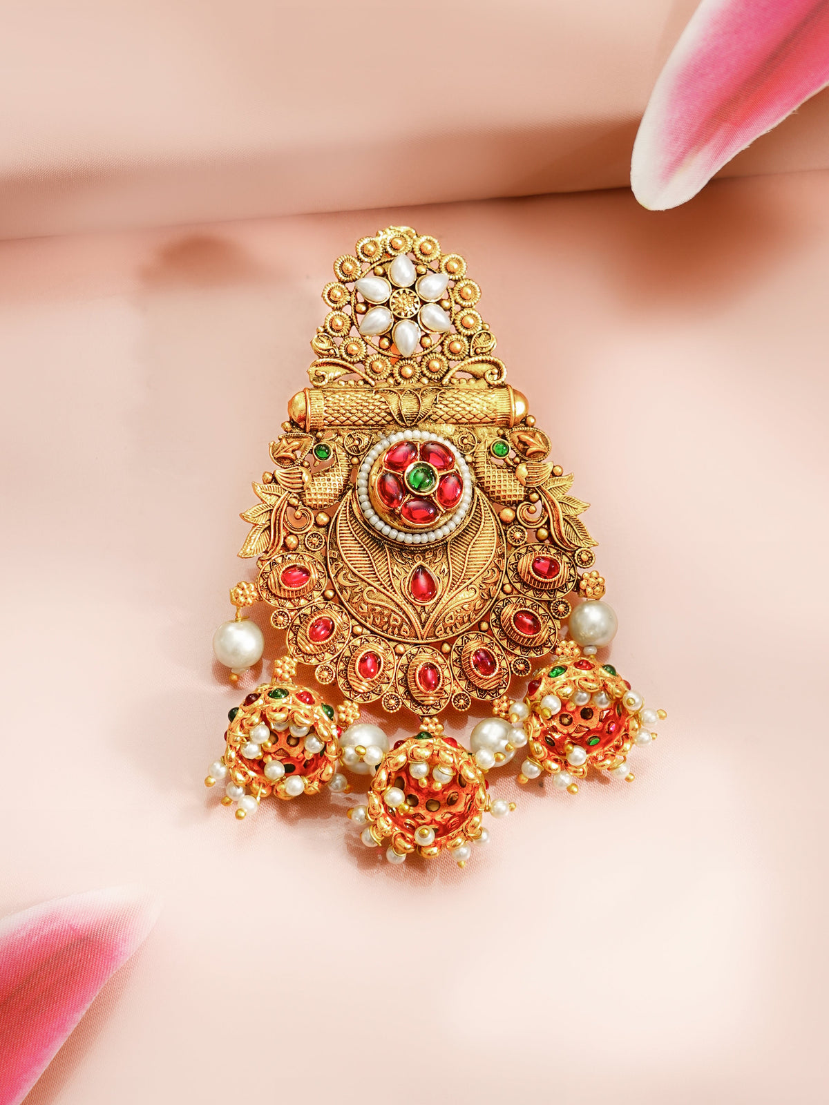 【Rubans】 Gold Plated Bridal Kundan Pearl Jhumki Hair Jhumar｜ゴールドメッキ ブライダル クンダン パール ジュムキ ヘアジューマル