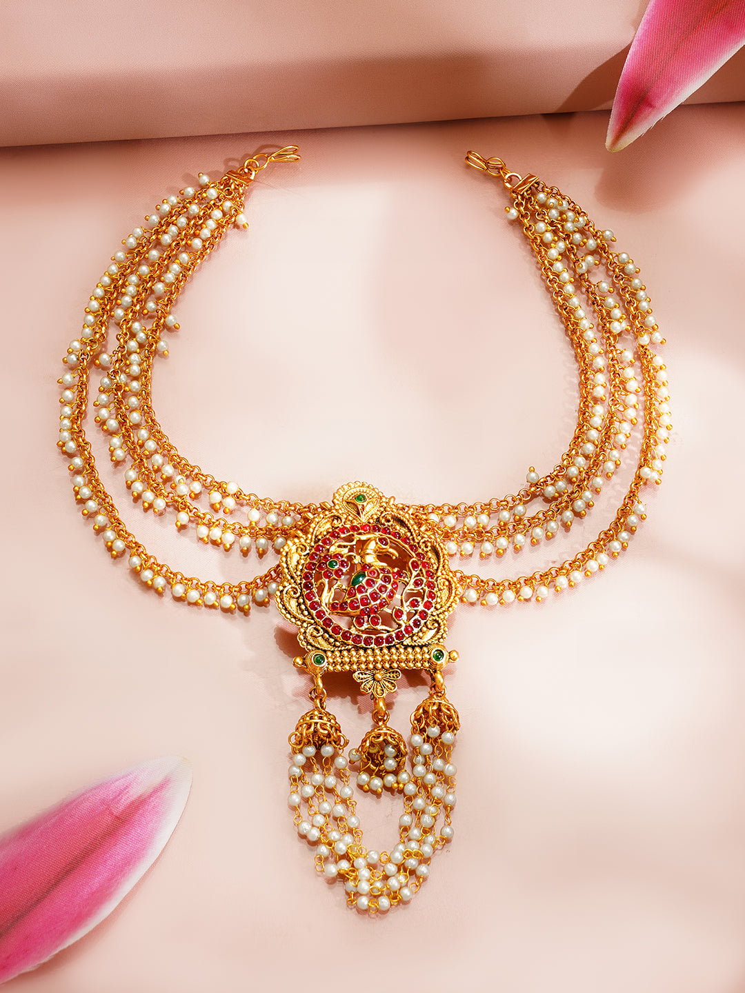 【Rubans】 Gold Plated Peacock Motif Ruby Studded Pearl Beaded Hair Brooch｜ゴールドメッキ 孔雀モチーフ ルビーカラーストーン パールビーズ ヘアブローチ
