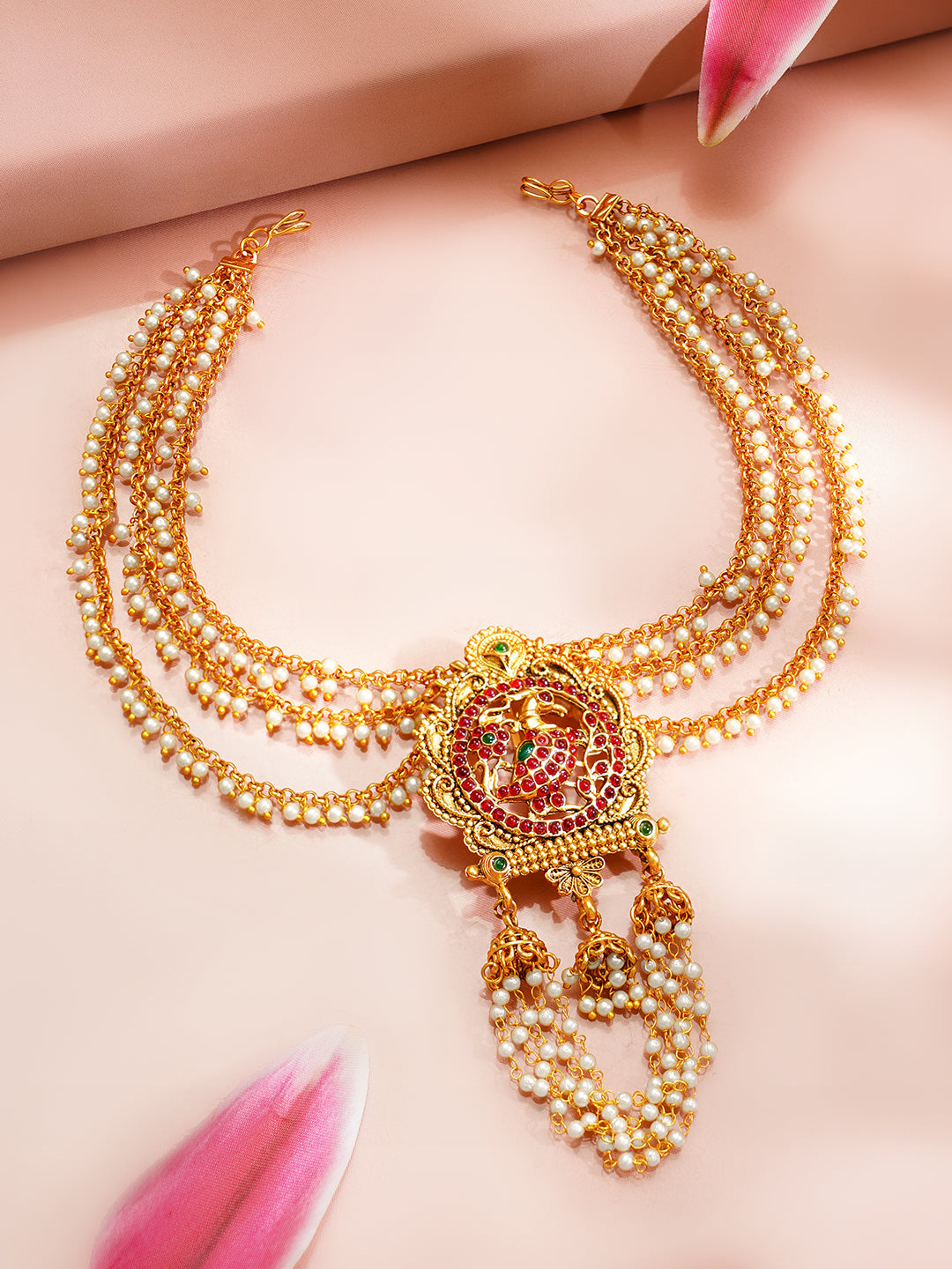 【Rubans】 Gold Plated Peacock Motif Ruby Studded Pearl Beaded Hair Brooch｜ゴールドメッキ 孔雀モチーフ ルビーカラーストーン パールビーズ ヘアブローチ