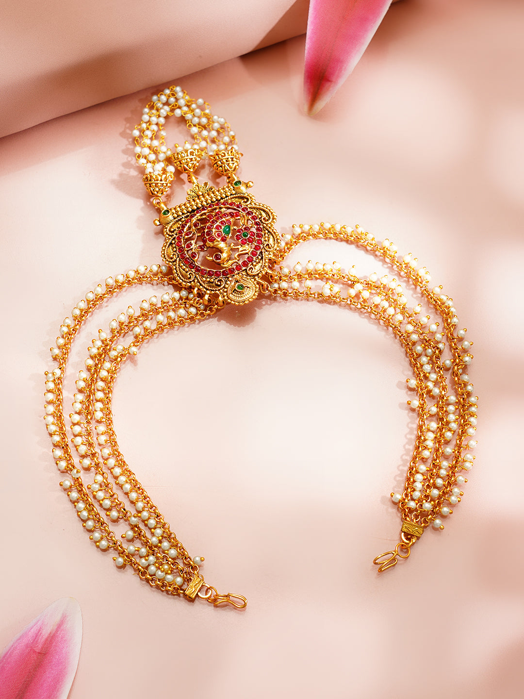 【Rubans】 Gold Plated Peacock Motif Ruby Studded Pearl Beaded Hair Brooch｜ゴールドメッキ 孔雀モチーフ ルビーカラーストーン パールビーズ ヘアブローチ