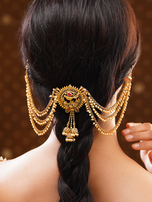 【Rubans】Gold Plated Peacock Pearl Layered Antique Hair Chain｜ゴールドメッキ ピーコック パール レイヤード アンティーク ヘアチェーン