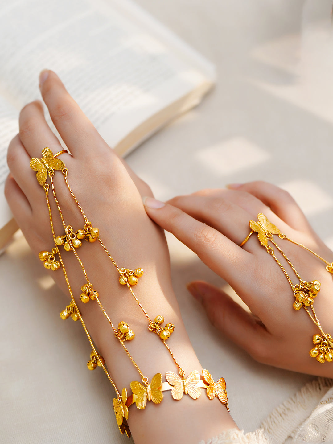 Golden Butterfly Haathphool Bracelet Set Length - 16.5 cm