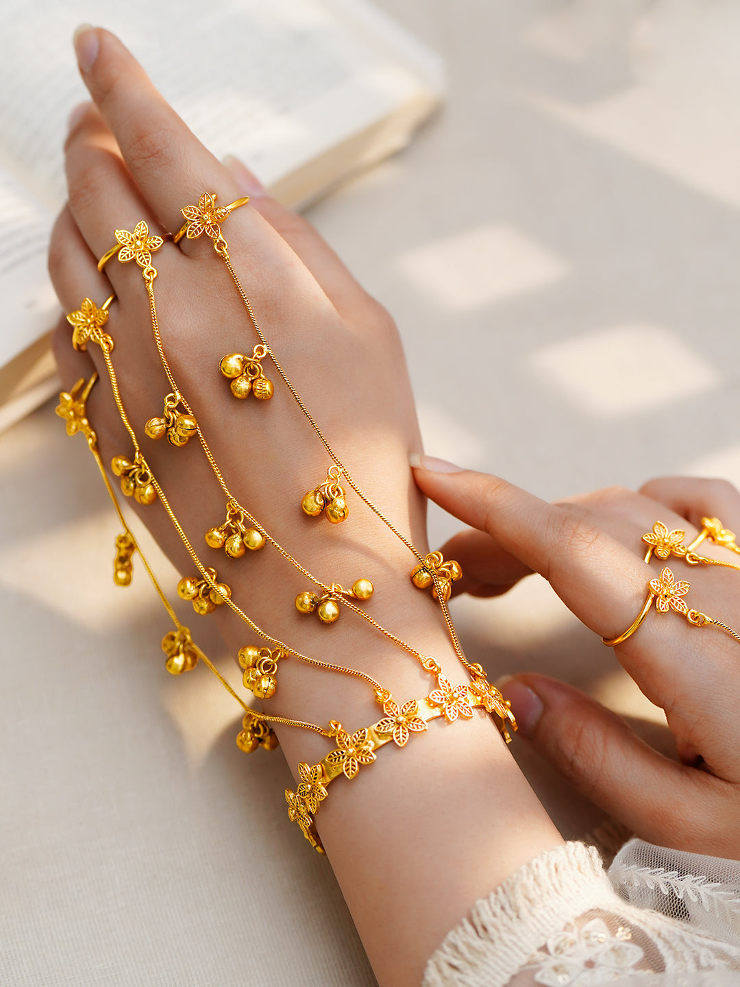 Golden Blossom Haathphool Bracelet Set Length - 15.5 cm