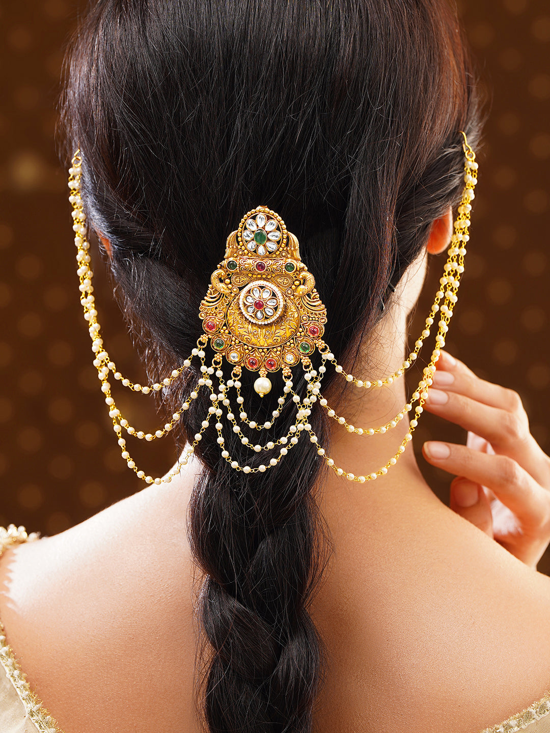 【Rubans】 Gold Plated Royal Kundan Bloom Pearl Drape Hair Accessory｜ゴールドメッキ ロイヤル クンダン ブルーム パールドレープ ヘアアクセサリー