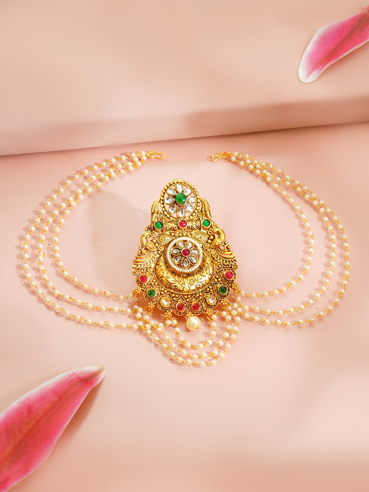 【Rubans】 Gold Plated Royal Kundan Bloom Pearl Drape Hair Accessory｜ゴールドメッキ ロイヤル クンダン ブルーム パールドレープ ヘアアクセサリー