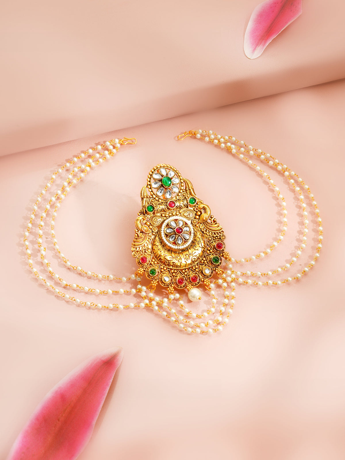 【Rubans】 Gold Plated Royal Kundan Bloom Pearl Drape Hair Accessory｜ゴールドメッキ ロイヤル クンダン ブルーム パールドレープ ヘアアクセサリー