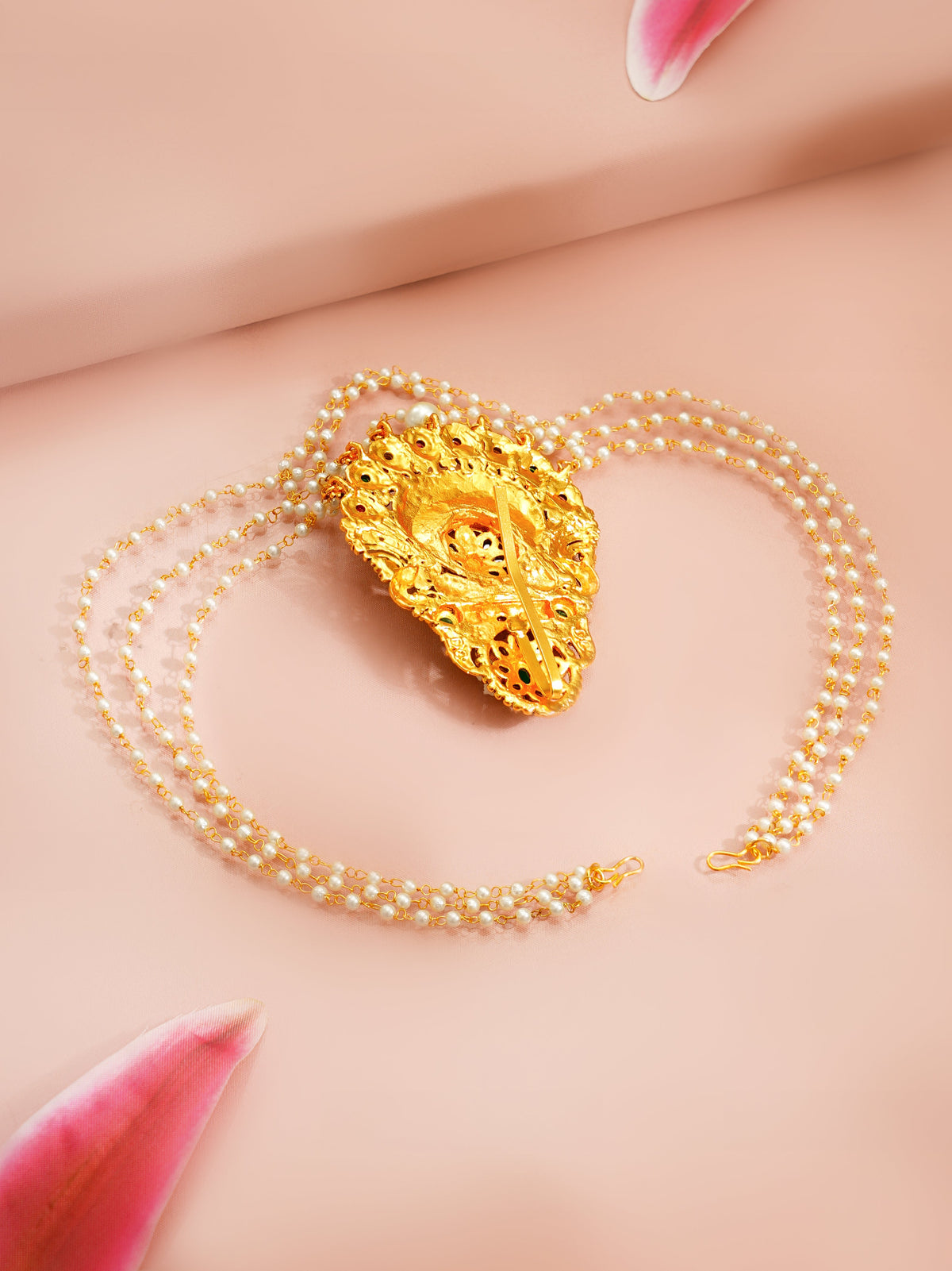 【Rubans】 Gold Plated Royal Kundan Bloom Pearl Drape Hair Accessory｜ゴールドメッキ ロイヤル クンダン ブルーム パールドレープ ヘアアクセサリー