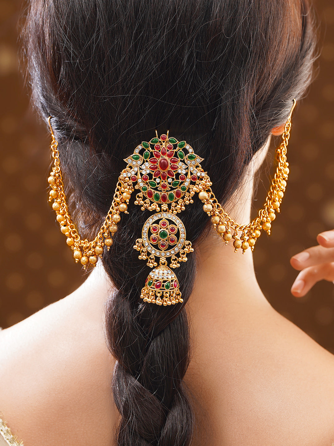 【Rubans】Gold Plated Temple Bloom Ruby Emerald Ghungroo Hair Chain｜ゴールドメッキ テンプルブルーム ルビー エメラルド グングルー ヘアチェーン