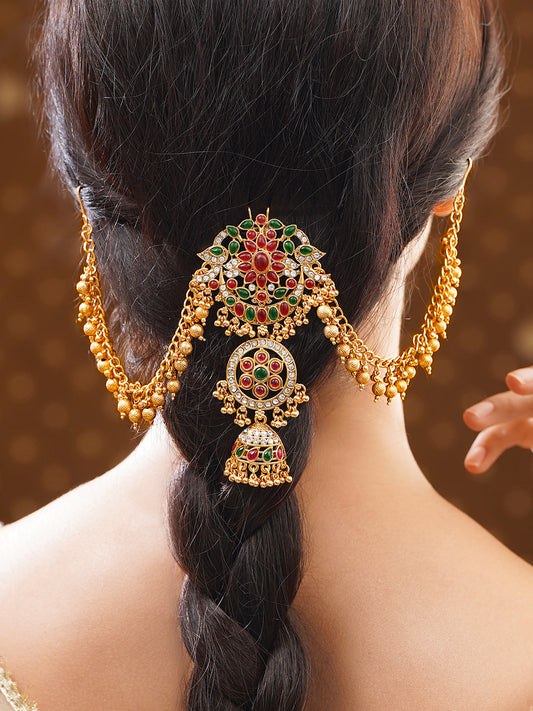 【Rubans】Gold Plated Temple Bloom Ruby Emerald Ghungroo Hair Chain｜ゴールドメッキ テンプルブルーム ルビー エメラルド グングルー ヘアチェーン