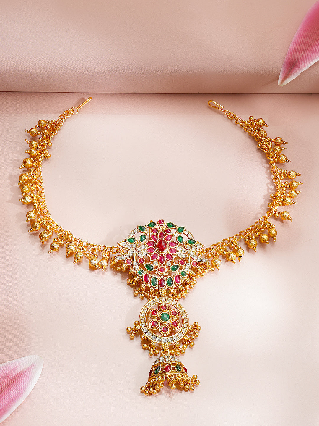 【Rubans】Gold Plated Temple Bloom Ruby Emerald Ghungroo Hair Chain｜ゴールドメッキ テンプルブルーム ルビー エメラルド グングルー ヘアチェーン