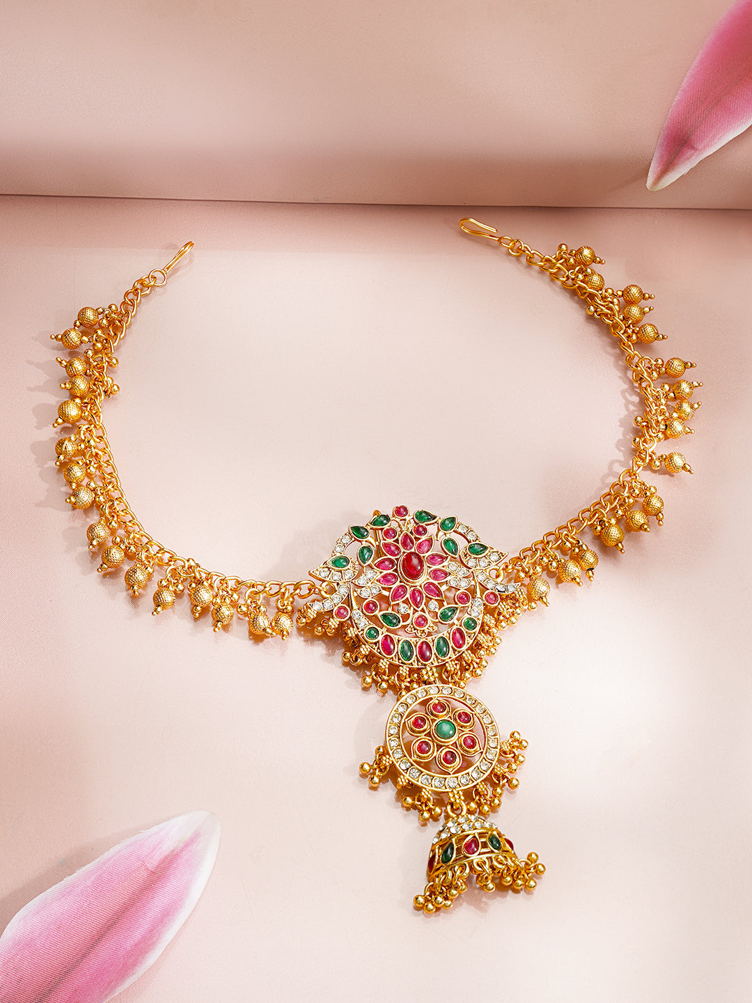 【Rubans】Gold Plated Temple Bloom Ruby Emerald Ghungroo Hair Chain｜ゴールドメッキ テンプルブルーム ルビー エメラルド グングルー ヘアチェーン