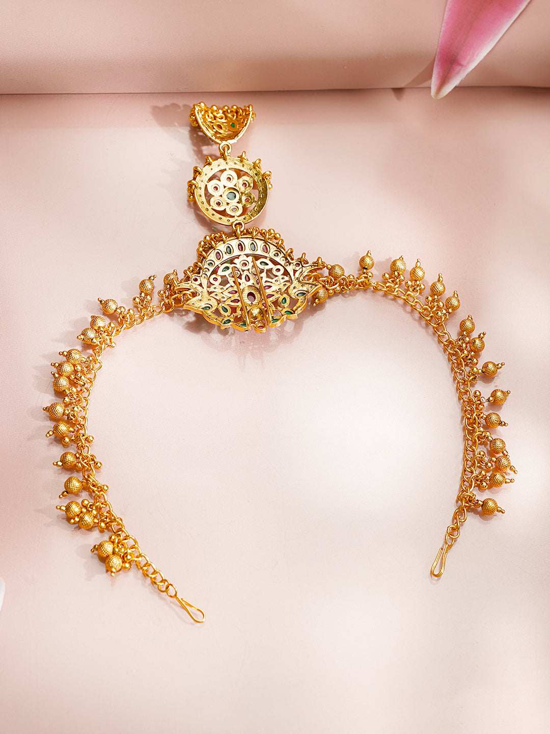 【Rubans】Gold Plated Temple Bloom Ruby Emerald Ghungroo Hair Chain｜ゴールドメッキ テンプルブルーム ルビー エメラルド グングルー ヘアチェーン