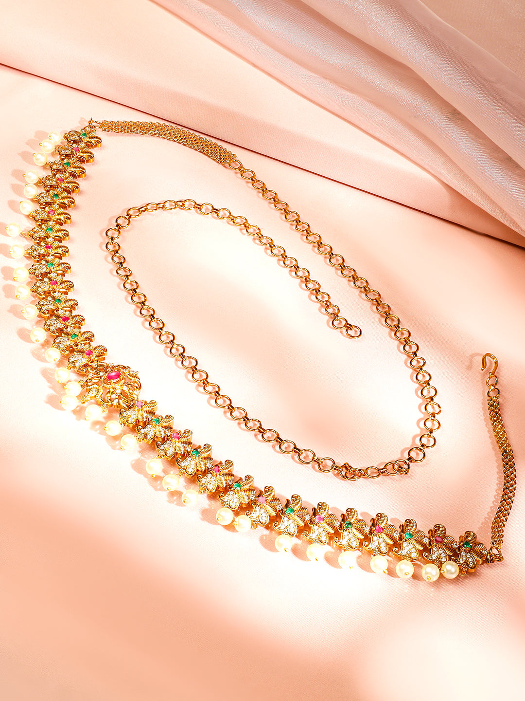 Rubans 22K Gold-Plated Ruby Pink Emerald Green & White Cubic Zirconia Studded Pearl Hanging Layered Floral Traditional Kamarbandh Gold