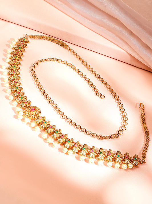 Rubans 22K Gold-Plated Ruby Pink Emerald Green & White Cubic Zirconia Studded Pearl Hanging Layered Floral Traditional Kamarbandh Gold