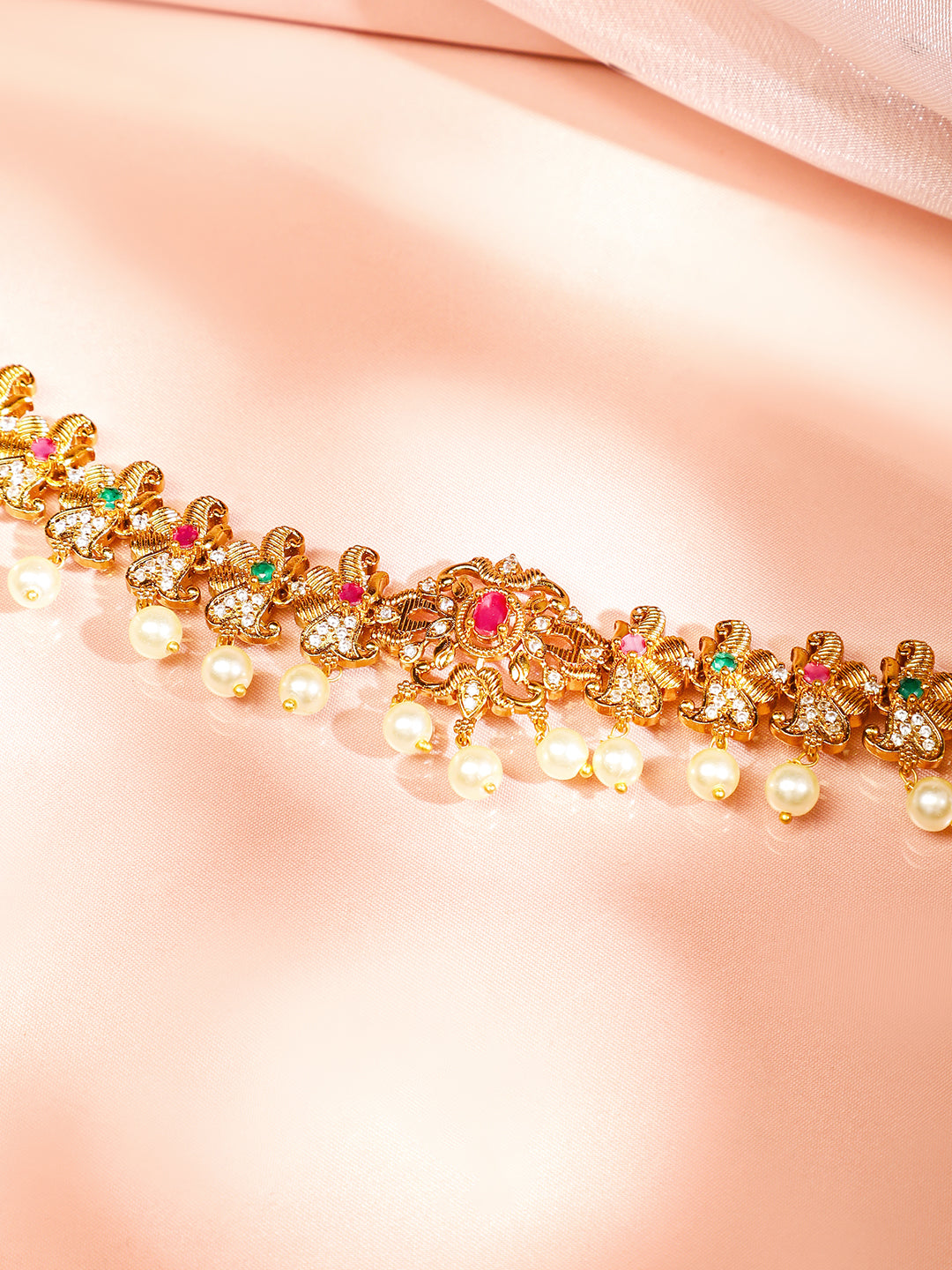 Rubans 22K Gold-Plated Ruby Pink Emerald Green & White Cubic Zirconia Studded Pearl Hanging Layered Floral Traditional Kamarbandh Gold
