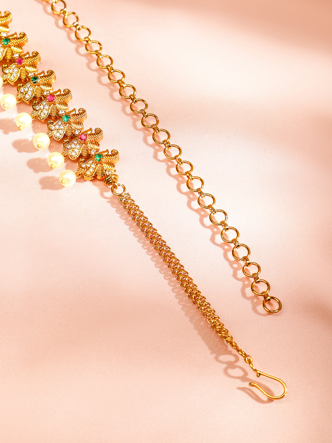 Rubans 22K Gold-Plated Ruby Pink Emerald Green & White Cubic Zirconia Studded Pearl Hanging Layered Floral Traditional Kamarbandh Gold