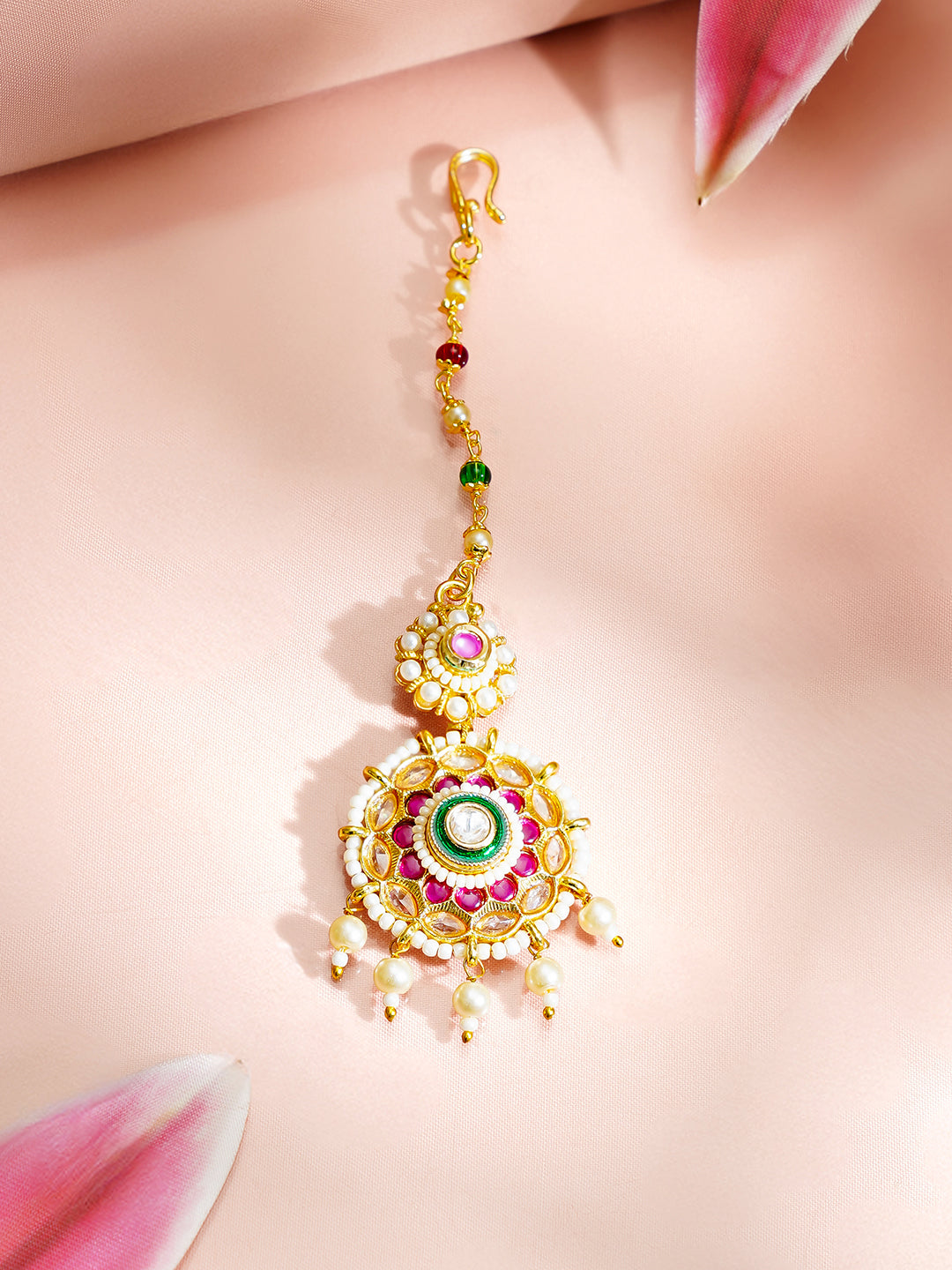 【Rubans】 Gold Plated Kundan Pink & Green Studded Maang Tikka｜ゴールドメッキ クンダン ピンク＆グリーン マーンティッカ（額飾り）