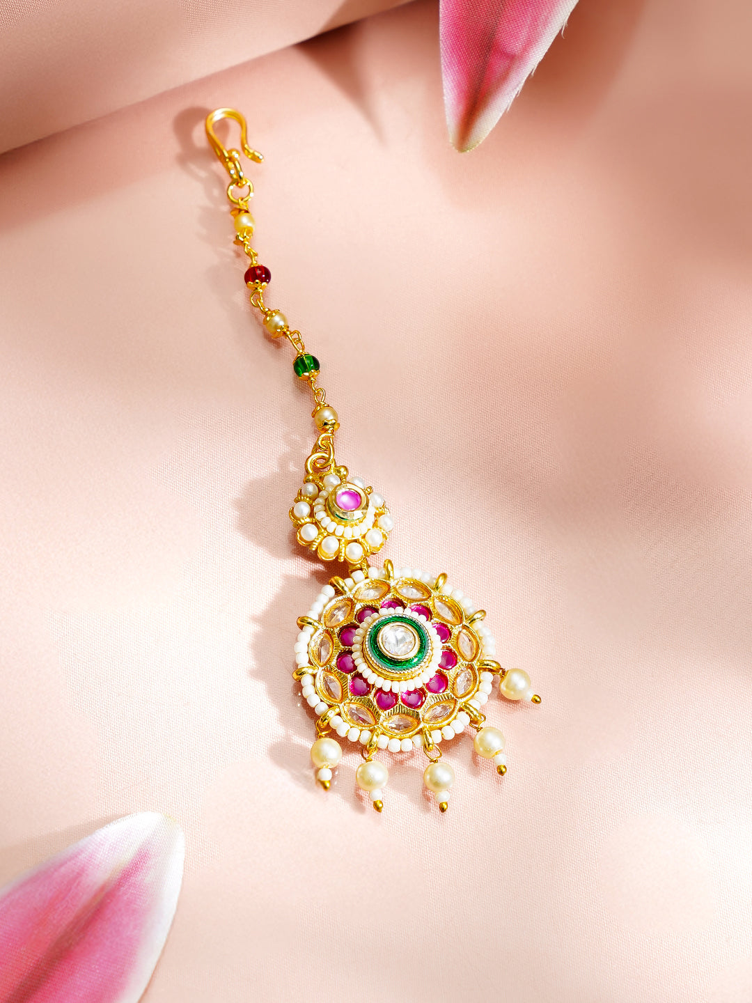 【Rubans】 Gold Plated Kundan Pink & Green Studded Maang Tikka｜ゴールドメッキ クンダン ピンク＆グリーン マーンティッカ（額飾り）