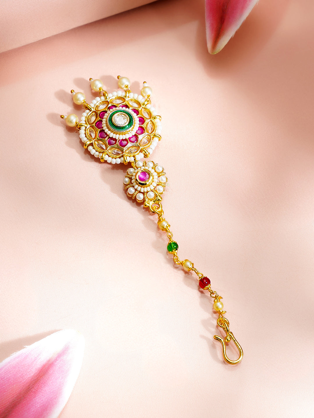 【Rubans】 Gold Plated Kundan Pink & Green Studded Maang Tikka｜ゴールドメッキ クンダン ピンク＆グリーン マーンティッカ（額飾り）