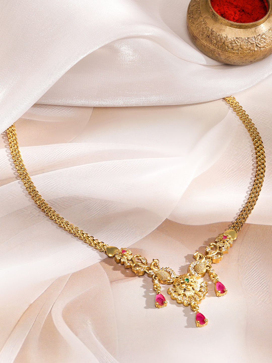 Peacock Motifs Alluring Pink Drops Necklace フリーサイズ