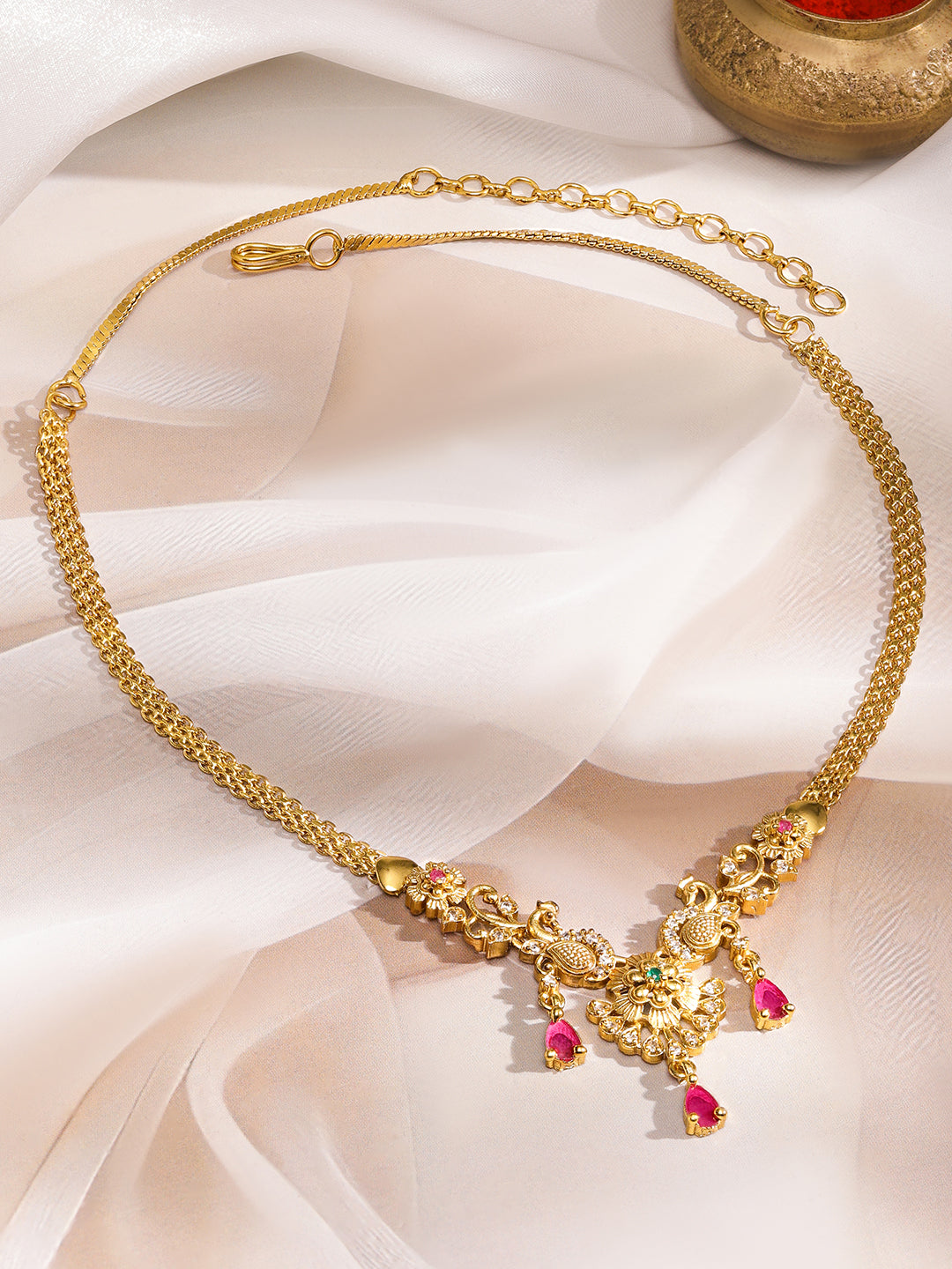 Peacock Motifs Alluring Pink Drops Necklace フリーサイズ