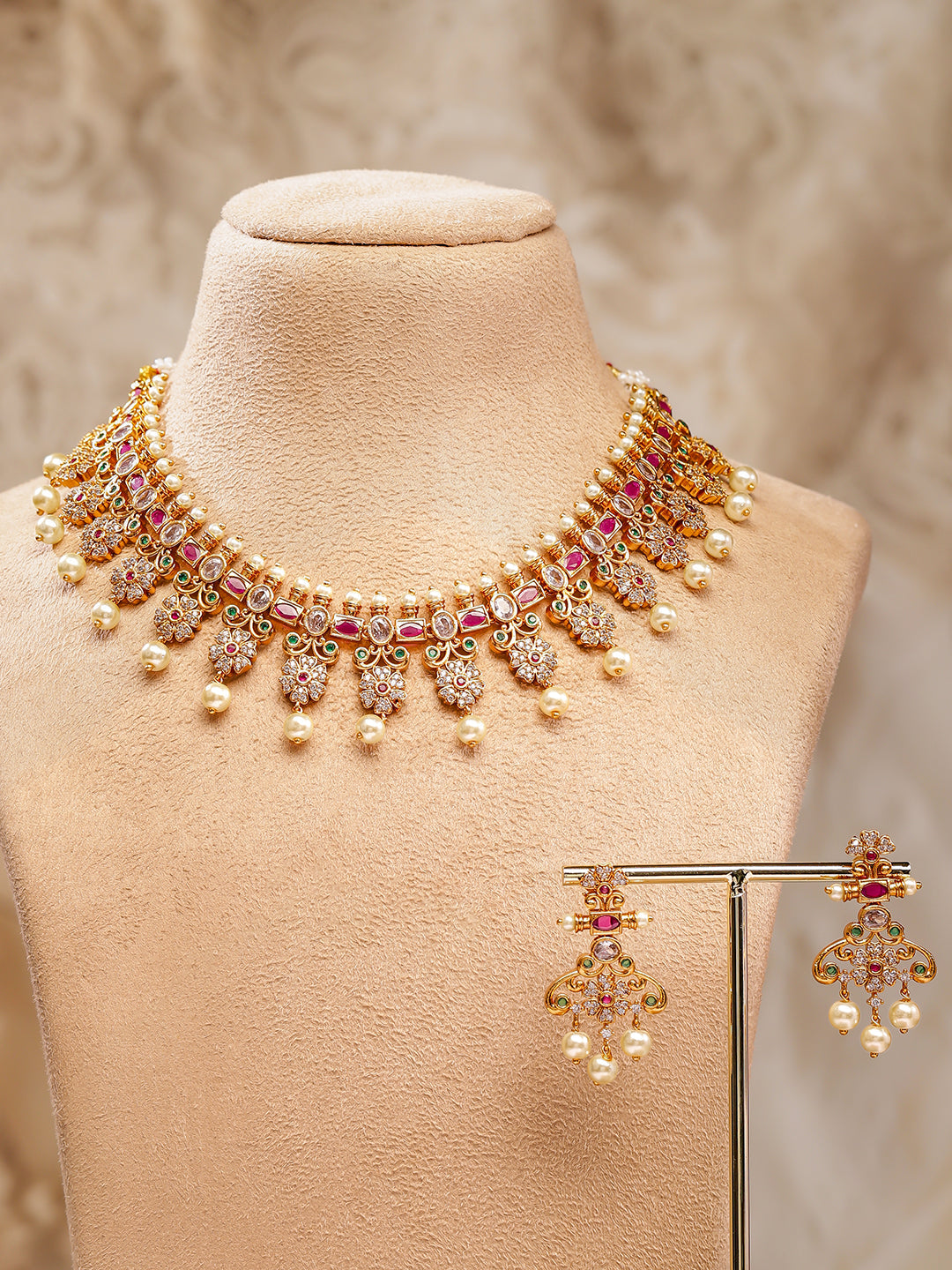 Rubans 22K Gold Plated Ruby Pink, Emerald & Cubic Zirconia Studded Floral Jewellery Set Gold