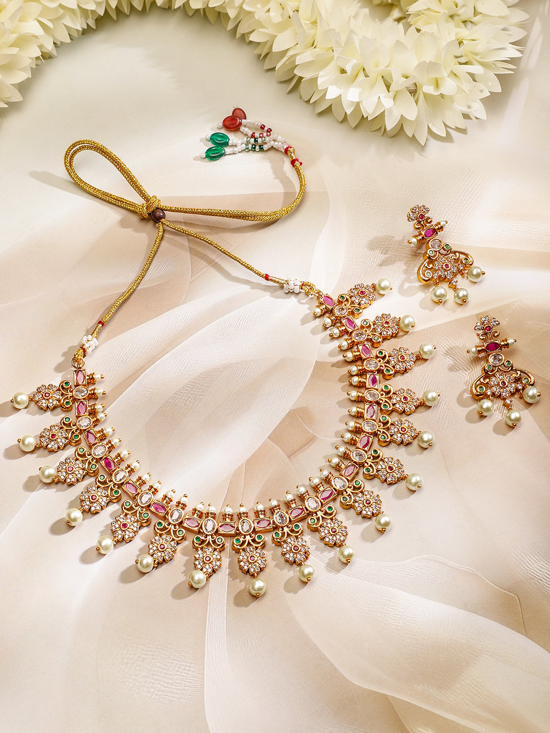 Rubans 22K Gold Plated Ruby Pink, Emerald & Cubic Zirconia Studded Floral Jewellery Set Gold