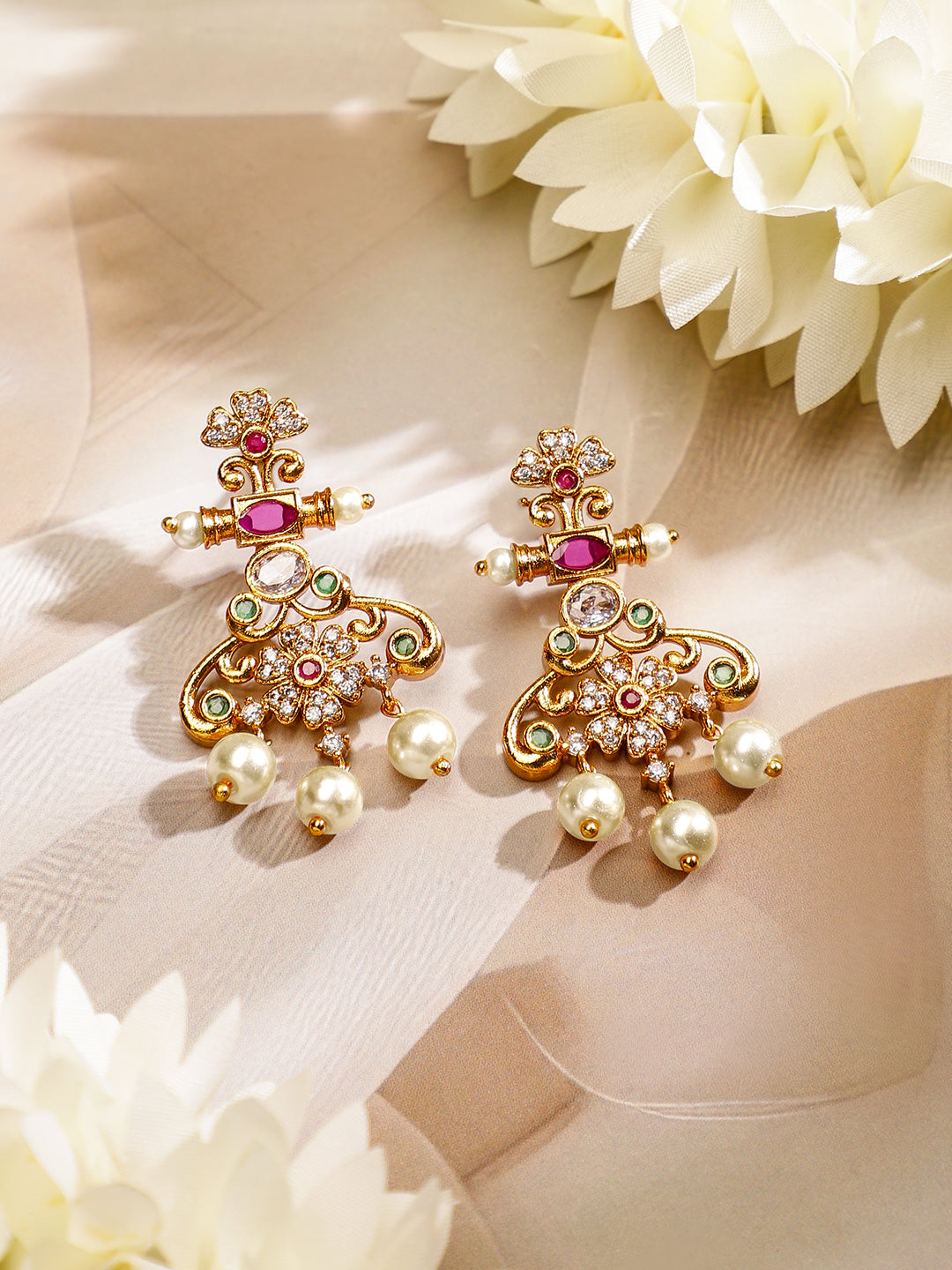 Rubans 22K Gold Plated Ruby Pink, Emerald & Cubic Zirconia Studded Floral Jewellery Set Gold