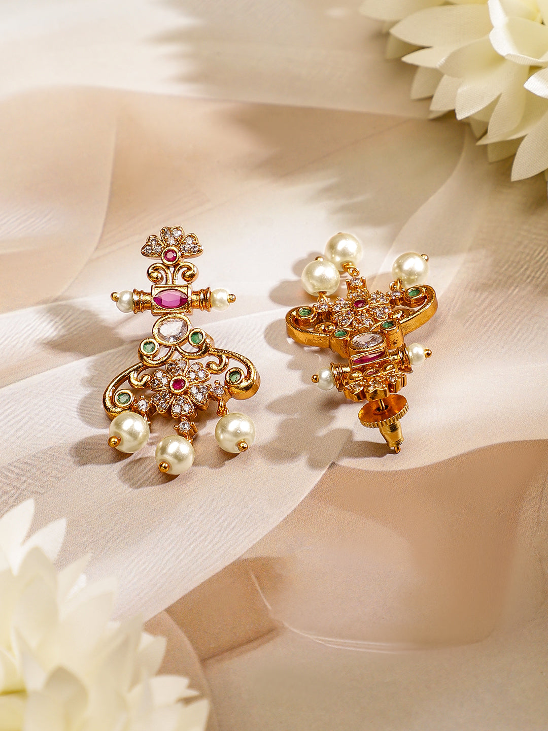 Rubans 22K Gold Plated Ruby Pink, Emerald & Cubic Zirconia Studded Floral Jewellery Set Gold