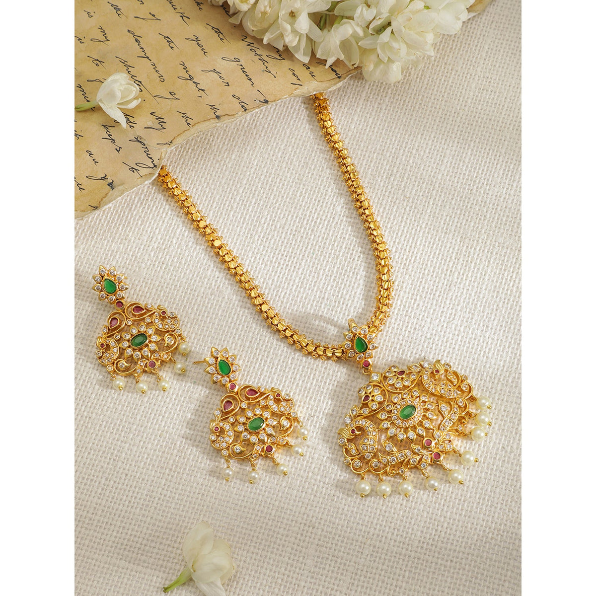 Rubans Women Gold-Plated Emerald Green & Cubic Zirconia Stone Studded Temple Jewellery Set Gold