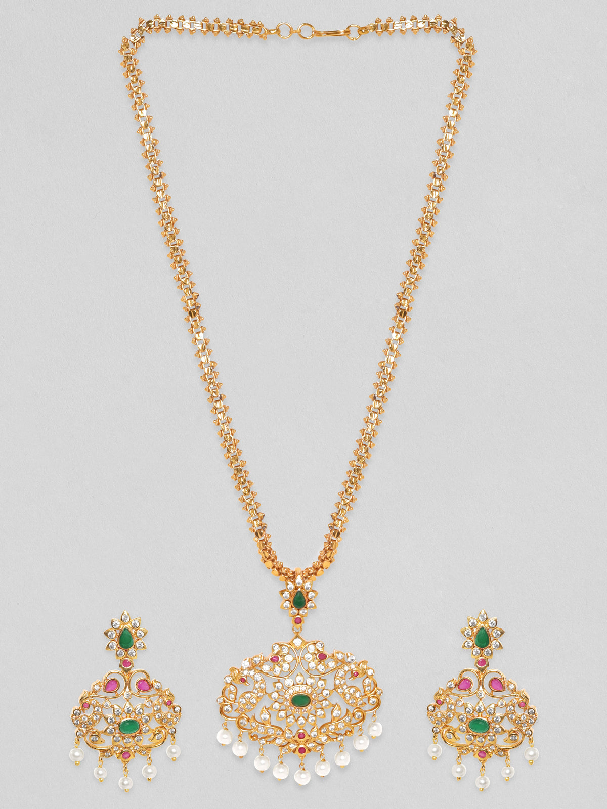 Rubans Women Gold-Plated Emerald Green & Cubic Zirconia Stone Studded Temple Jewellery Set Gold
