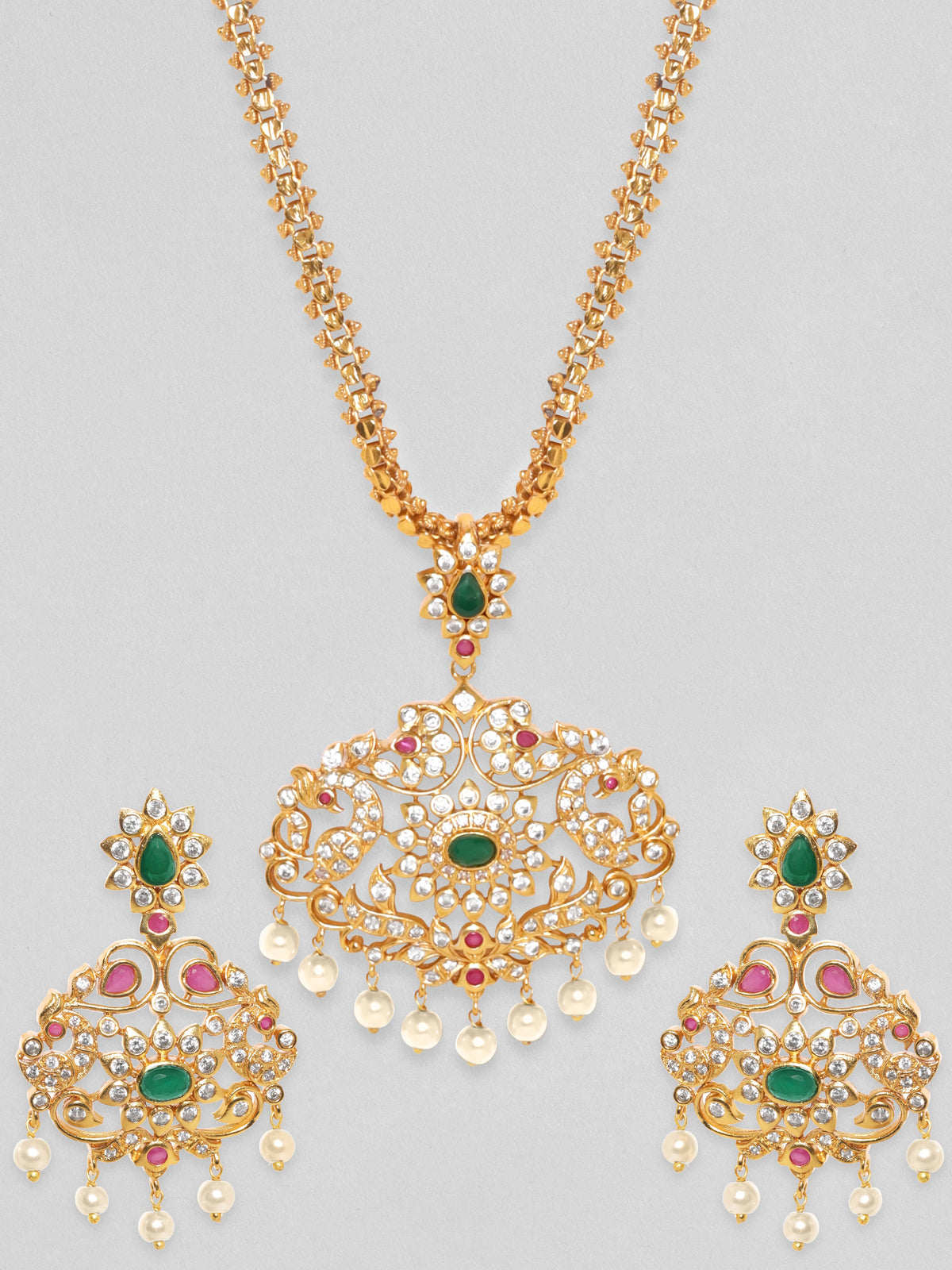 【Rubans】 Women Gold-Plated Emerald Green & Cubic Zirconia Stone Studded Temple Jewellery Set｜ゴールドプレーテッド エメラルドグリーン＆キュービックジルコニア テンプル ジュエリーセット｜Gold