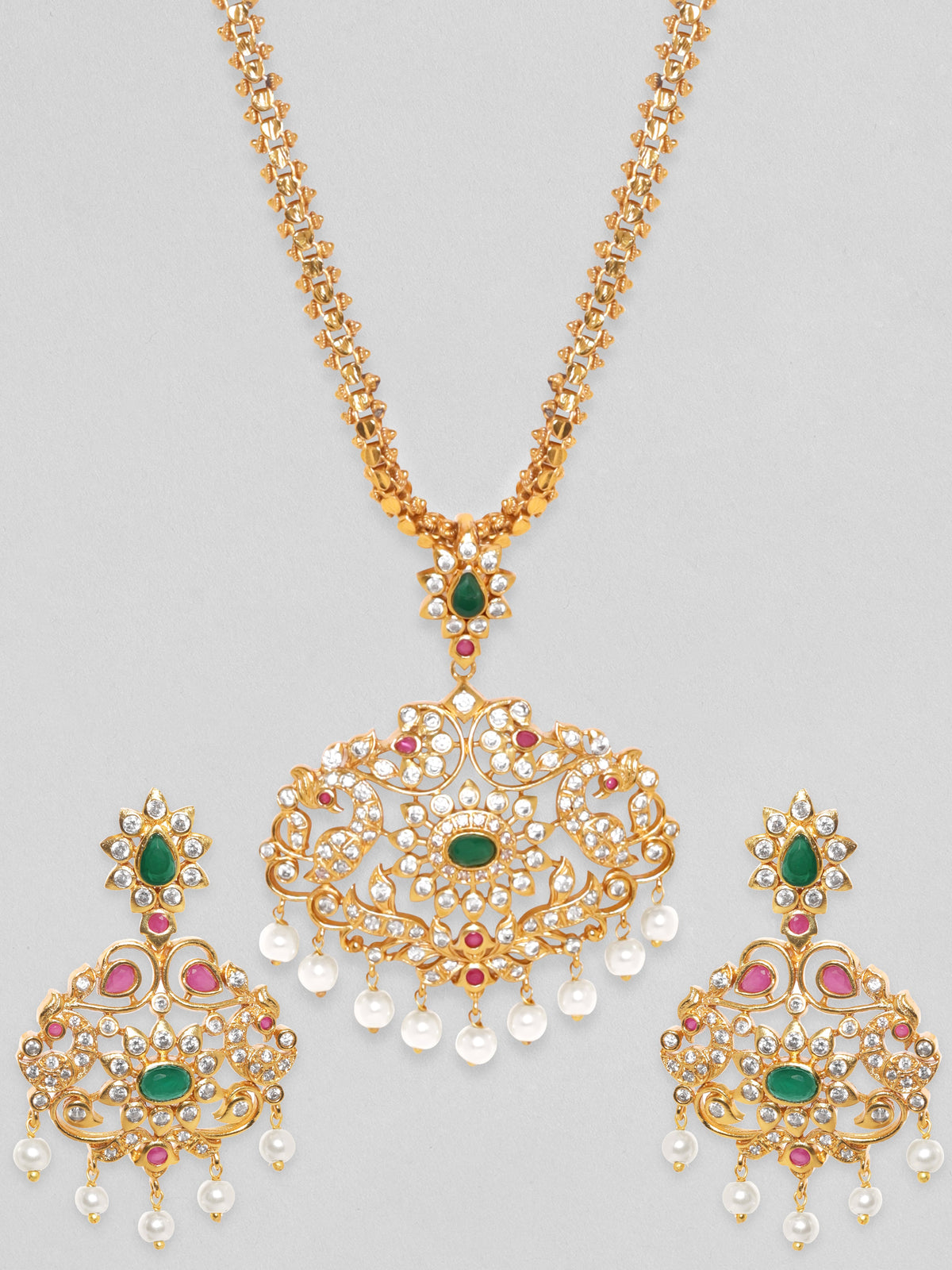 Rubans Women Gold-Plated Emerald Green & Cubic Zirconia Stone Studded Temple Jewellery Set Gold