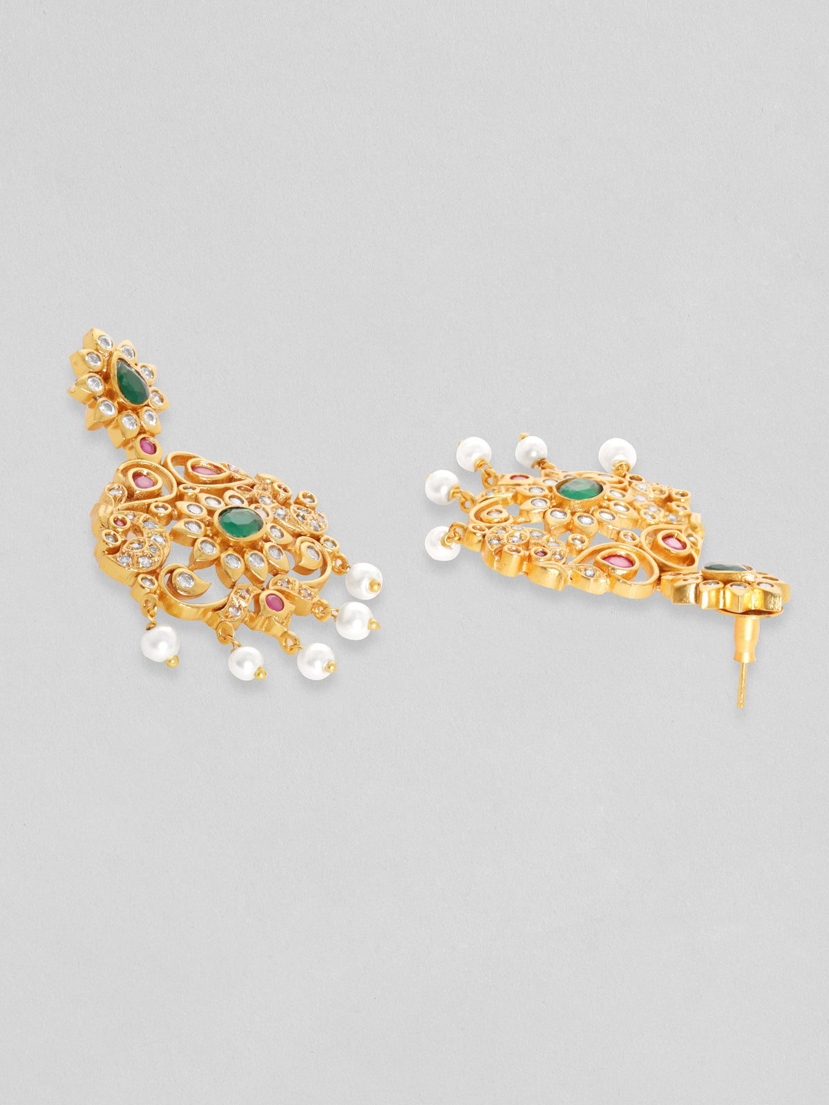 Rubans Women Gold-Plated Emerald Green & Cubic Zirconia Stone Studded Temple Jewellery Set Gold