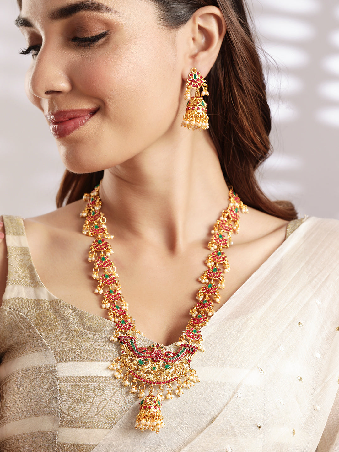 Rubans 22K Gold-Plated Long Jewellery Set with Ruby Red & Emerald Green and Pearl Beads Gold