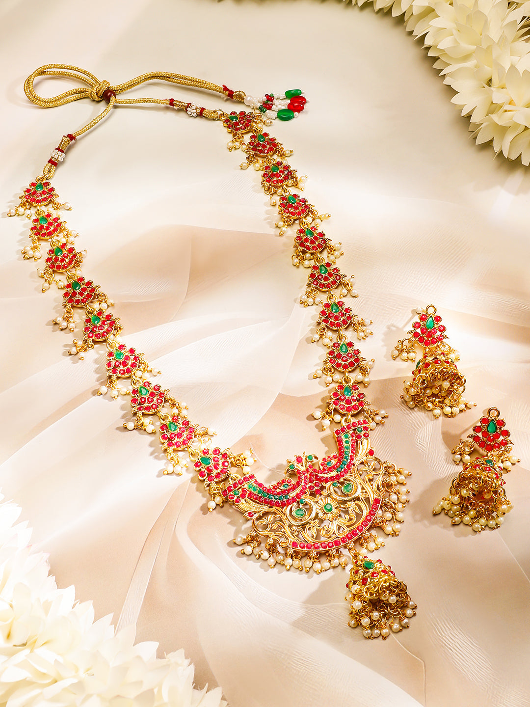 Rubans 22K Gold-Plated Long Jewellery Set with Ruby Red & Emerald Green and Pearl Beads Gold