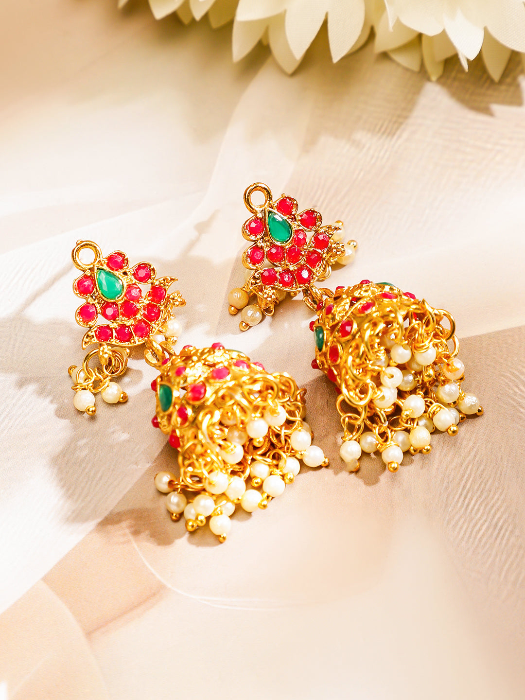 Rubans 22K Gold-Plated Long Jewellery Set with Ruby Red & Emerald Green and Pearl Beads Gold