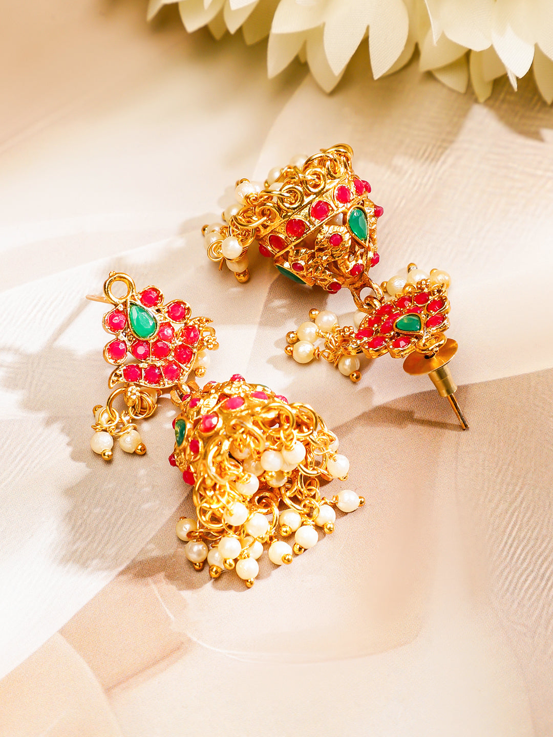 Rubans 22K Gold-Plated Long Jewellery Set with Ruby Red & Emerald Green and Pearl Beads Gold