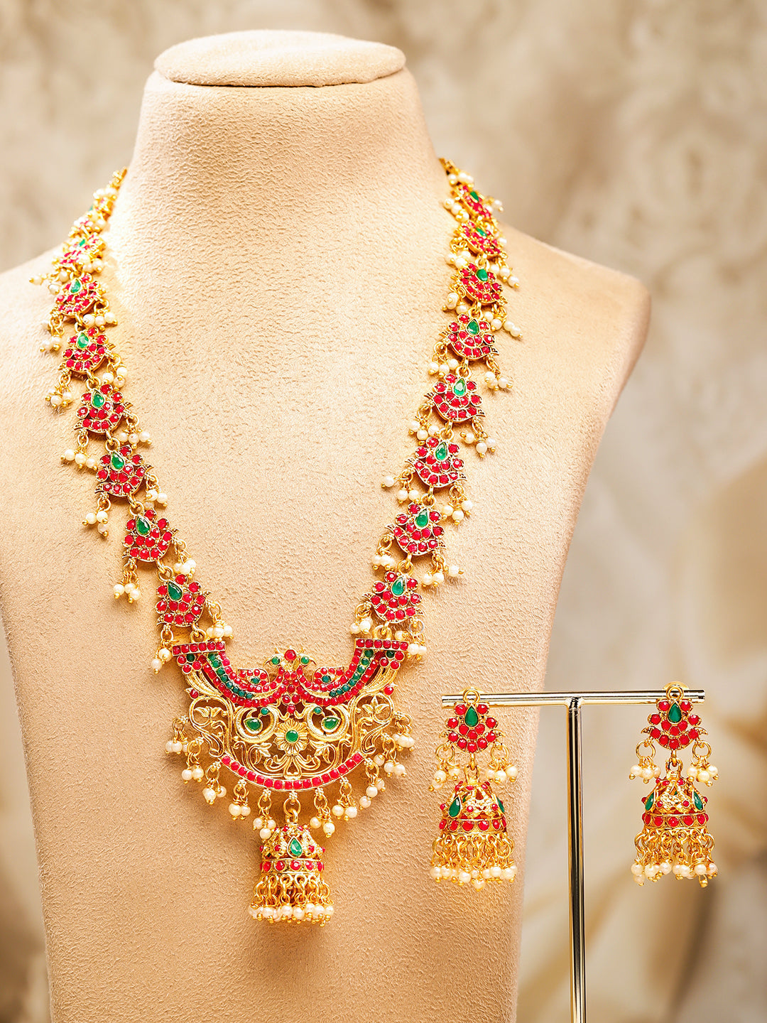Rubans 22K Gold-Plated Long Jewellery Set with Ruby Red & Emerald Green and Pearl Beads Gold