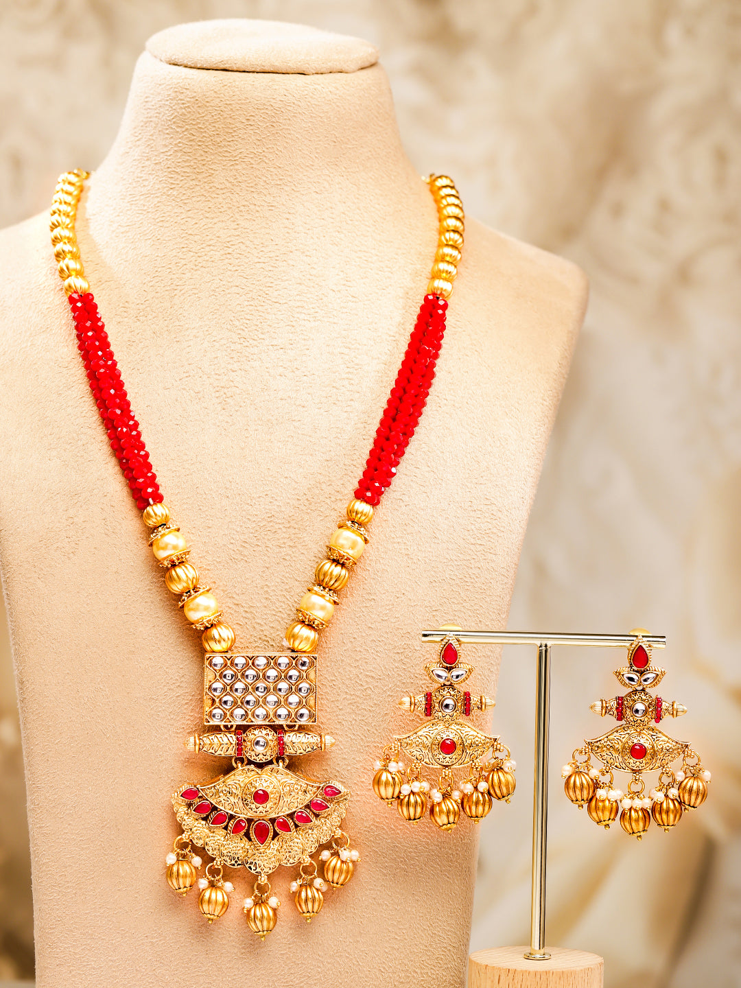 Rubans 22K Gold-Plated Kundan Jewellery Set with Ruby Red Beaded Multistrand & Golden Bead Maroon