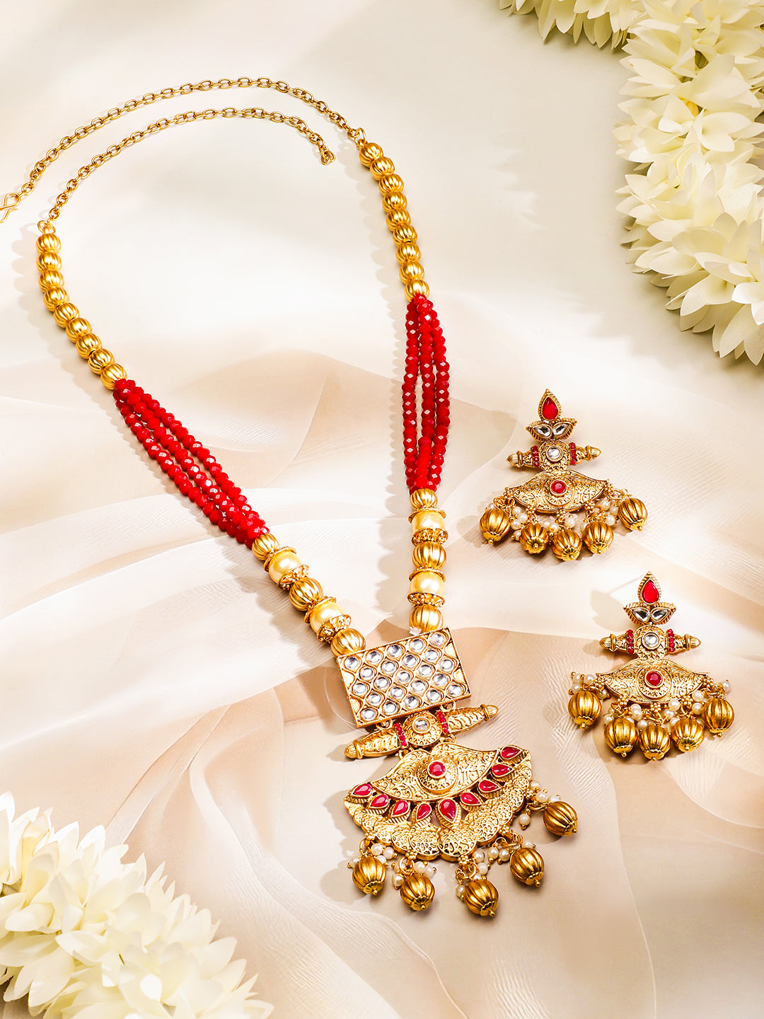 Rubans 22K Gold-Plated Kundan Jewellery Set with Ruby Red Beaded Multistrand & Golden Bead Maroon