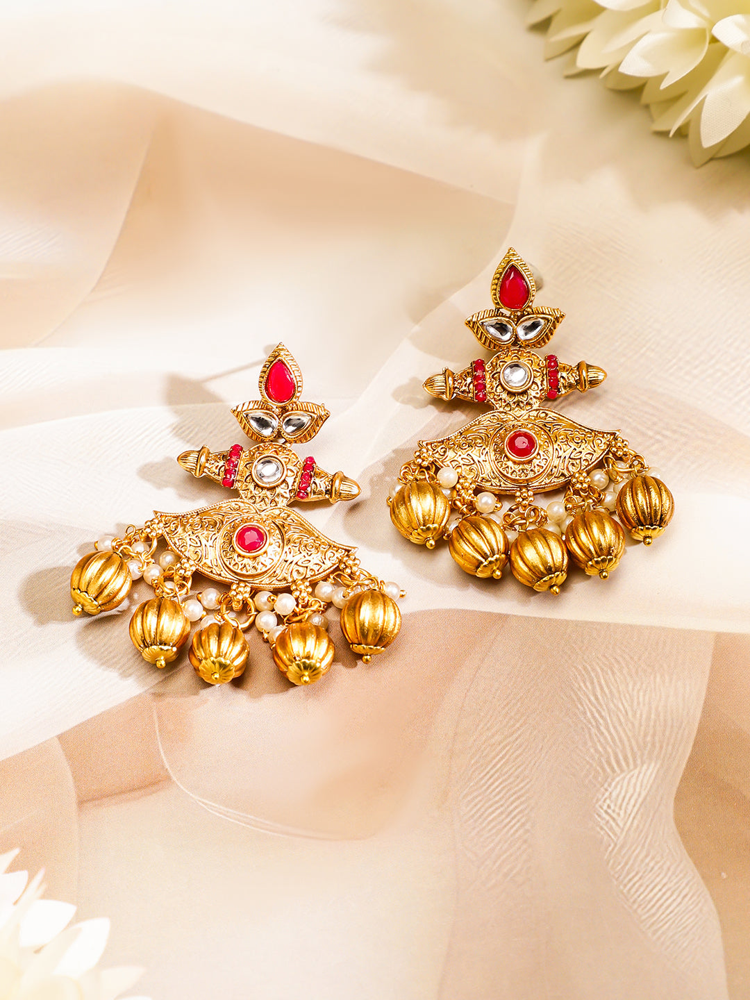 Rubans 22K Gold-Plated Kundan Jewellery Set with Ruby Red Beaded Multistrand & Golden Bead Maroon