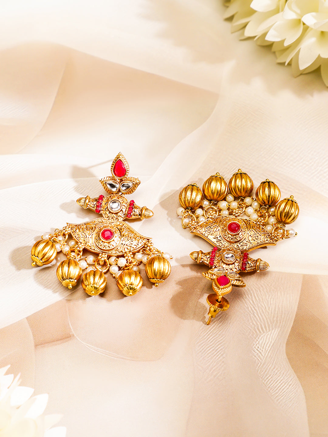 Rubans 22K Gold-Plated Kundan Jewellery Set with Ruby Red Beaded Multistrand & Golden Bead Maroon