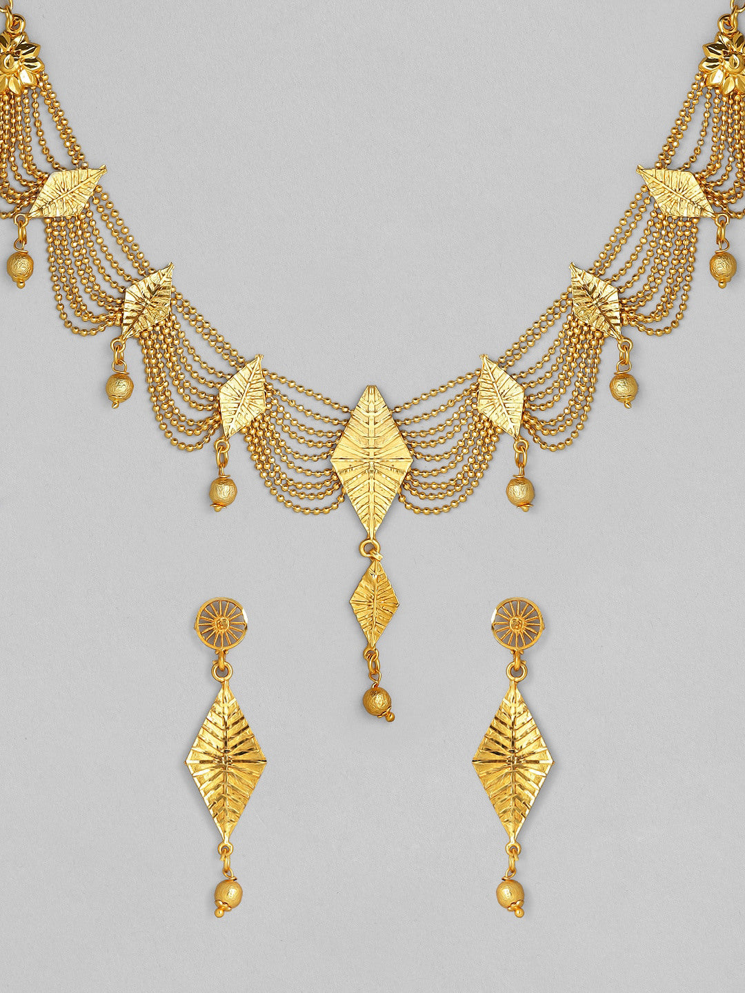 Rubans 22K Gold-Plated Multi-Strand Necklace Set with Leaf Motifs and Matching Drop Earrings for Womens & Girls Gold
