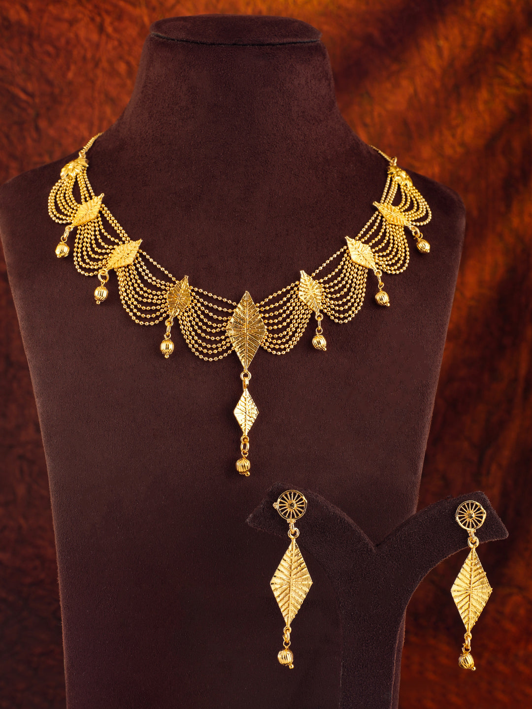 Rubans 22K Gold-Plated Multi-Strand Necklace Set with Leaf Motifs and Matching Drop Earrings for Womens & Girls Gold
