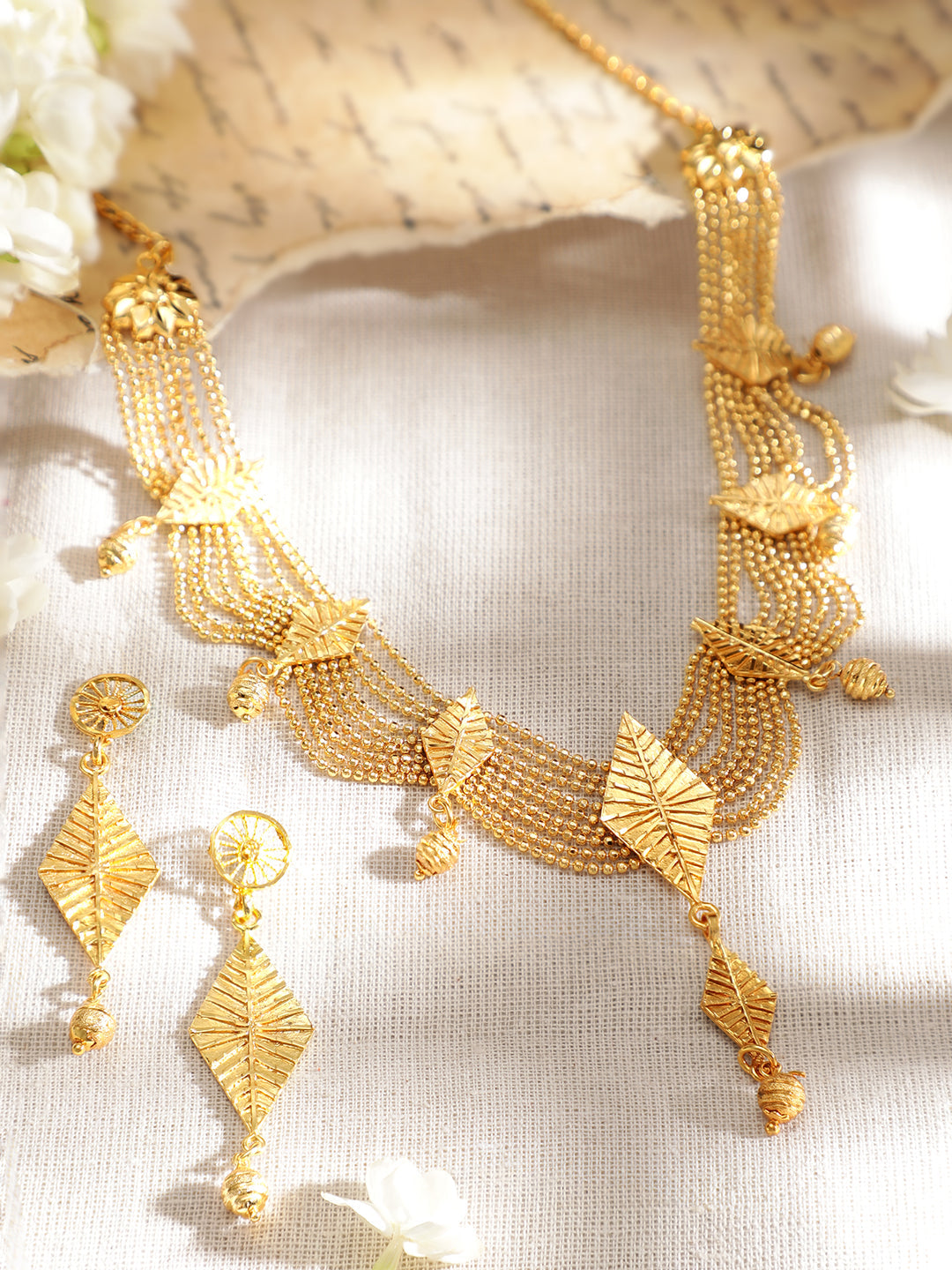 Rubans 22K Gold-Plated Multi-Strand Necklace Set with Leaf Motifs and Matching Drop Earrings for Womens & Girls Gold